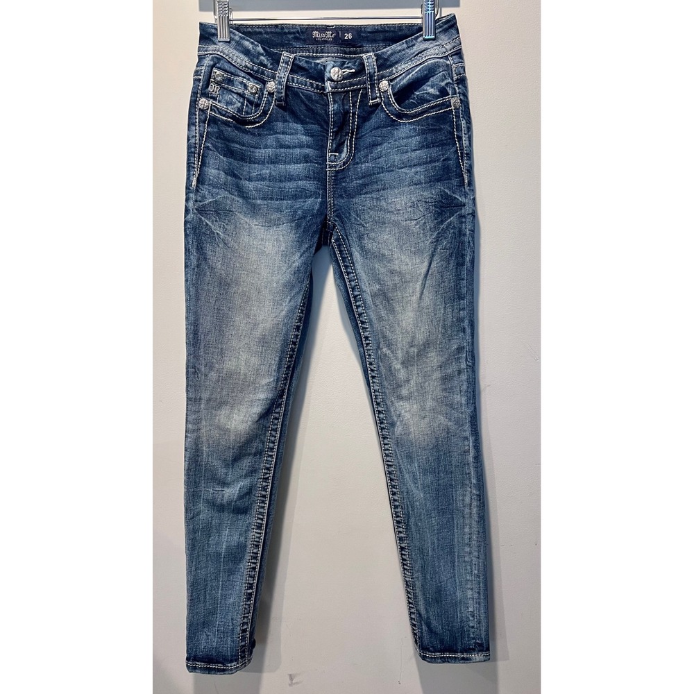 Miss Me Skinny Jeans Size 26 Embellished Rhinestone Angel Wing Pockets Mid Rise